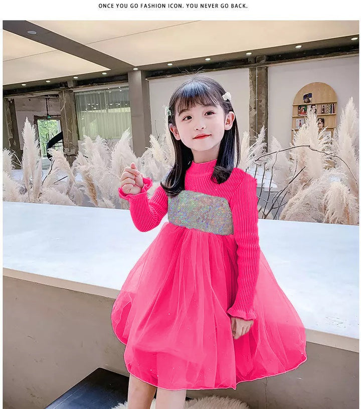 Sequins Knitted Chiffon Ball Gown Frock Flower Winter Dress Stuff With Fleece Colors: Pink